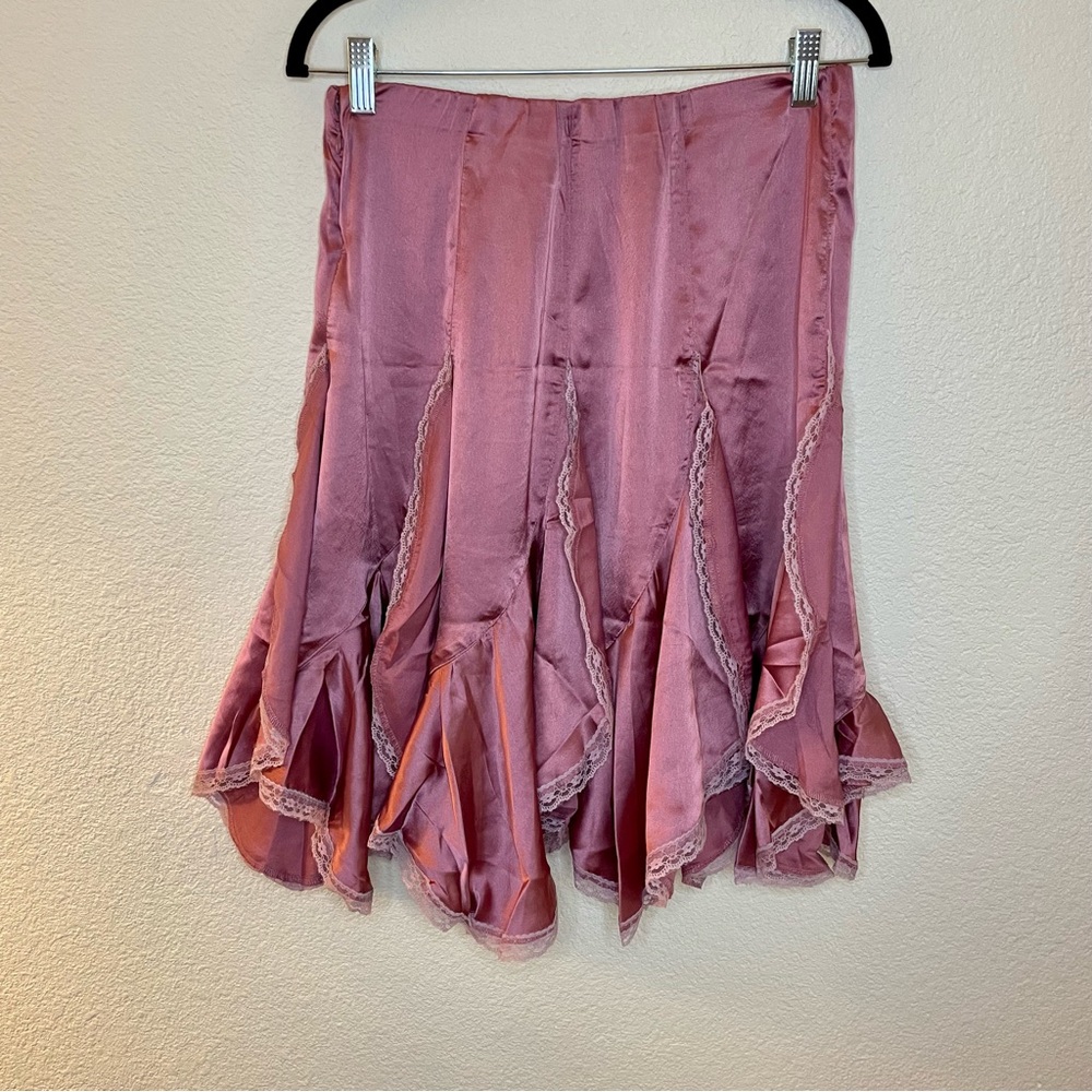 NWT Urban Outfitters Cassie Satin & Lace Ruffle Midi Skirt Mauve - Picture 7 of 8